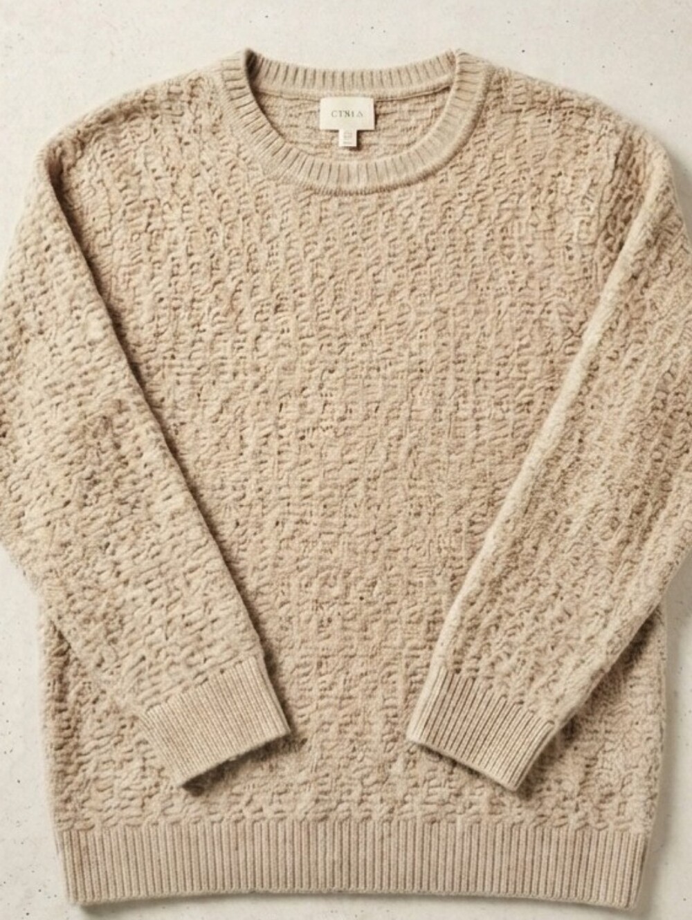Cyrus XL Knit Basketweave Crewneck Sweater Beige